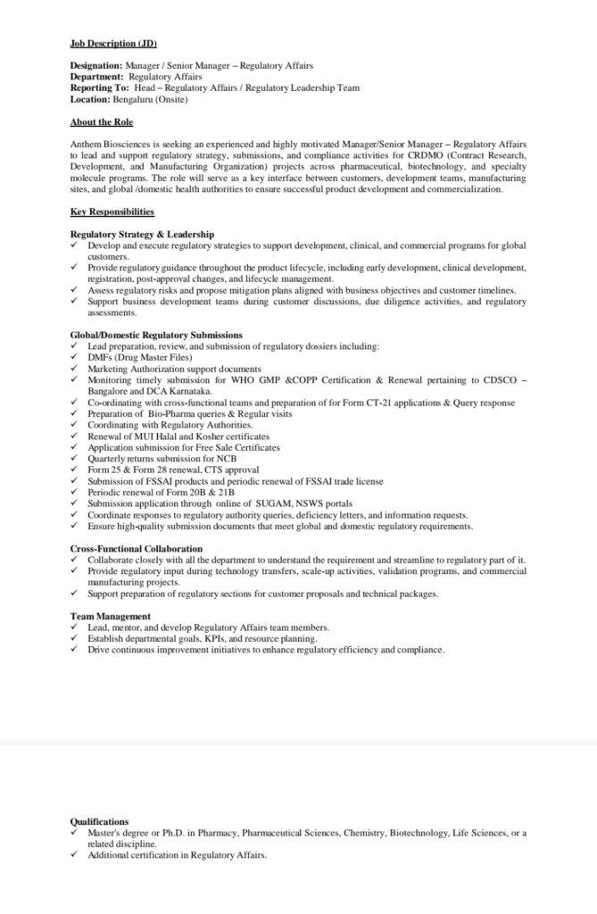 Hiring | Manager/Senior Manager, Regulatory Affairs | Bangalore | biopatrika jobs
