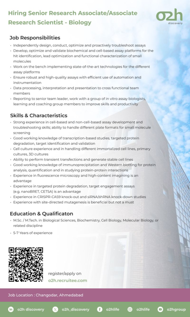 Hiring for a Senior Research Associate / Associate Research Scientist - Biology | Ahmedabad
