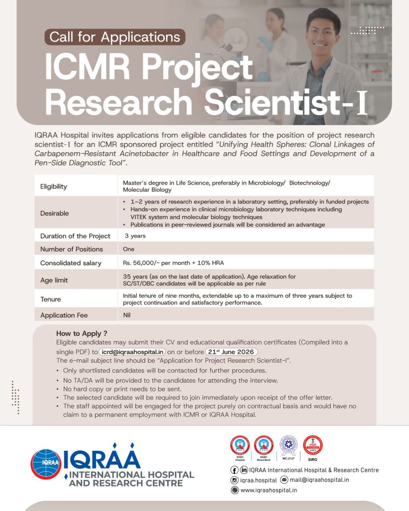 Hiring: Project Research Scientist-I | IQRAA International Hospital and Research Centre