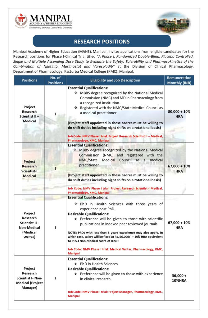 MAHE Manipal invites applications from eligible candidates for the Research positions