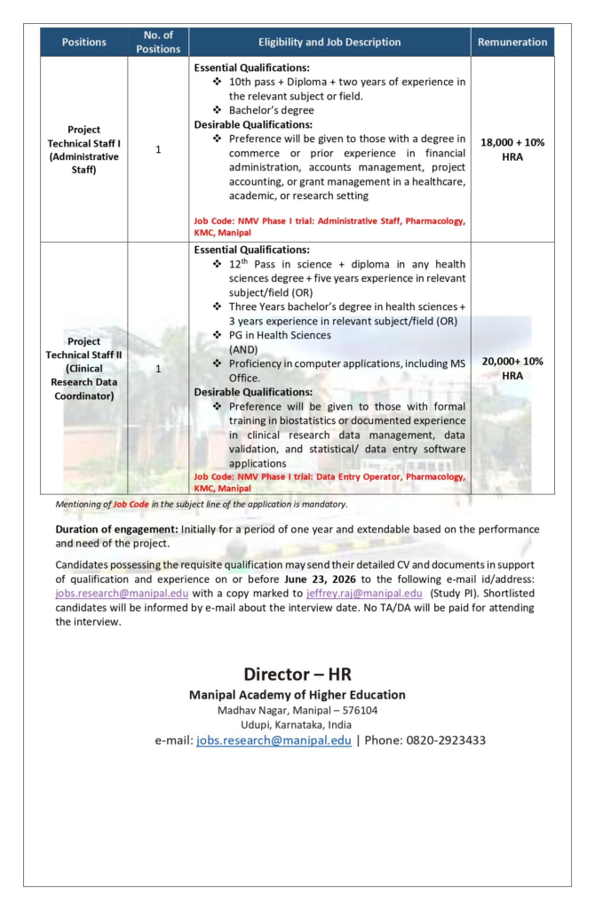 MAHE Manipal invites applications from eligible candidates for the Research positions