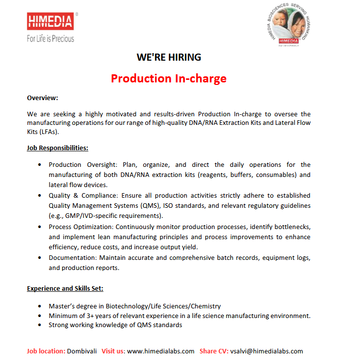 HIMEDIA hiring Production In-charge
