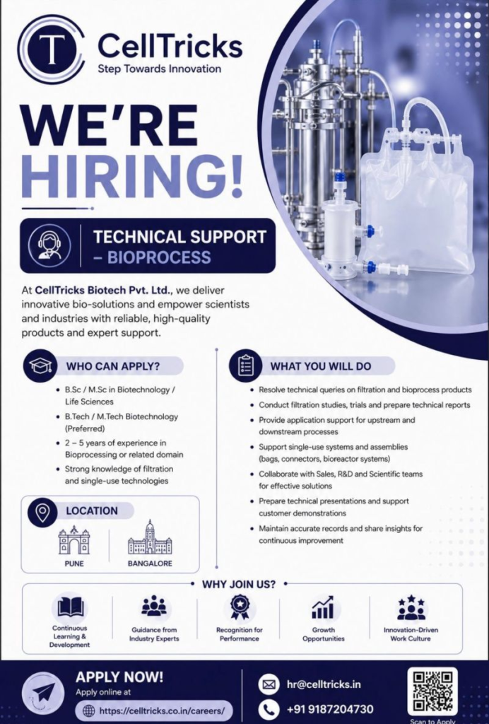 Vacancy at CellTricks– Technical Support (Bioprocess) | Bengaluru & Pune