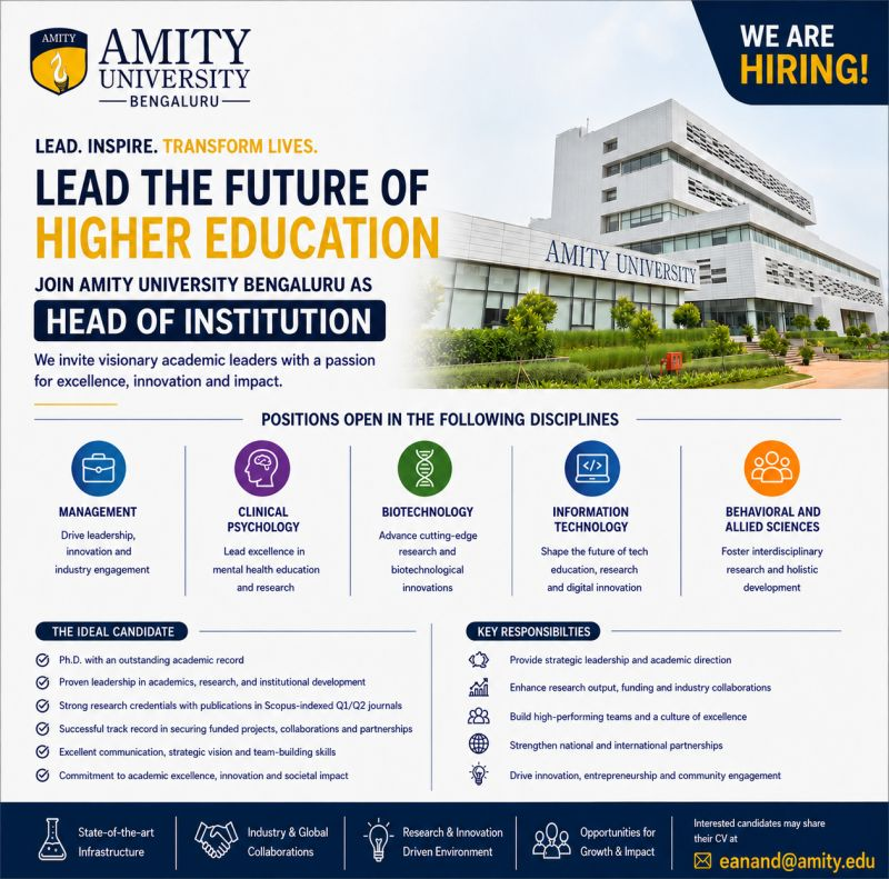 Amity University Bengaluru hiring Head of Institution