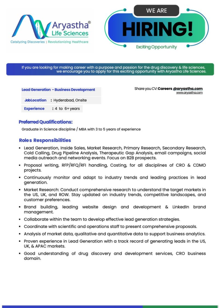 Aryastha Life Sciences hiring a dynamic Lead Generation – Business Development professional