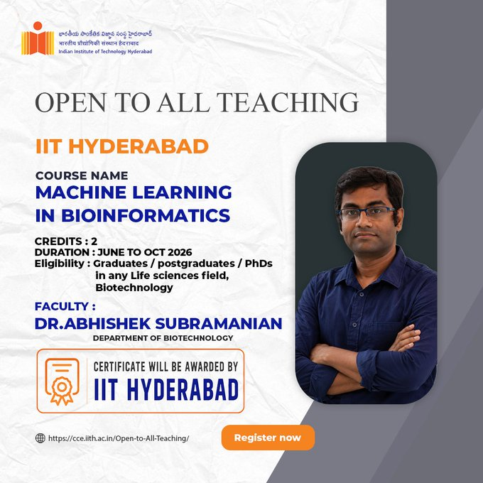 Course: Machine Learning in Bioinformatics | IIT Hyderabad | Biopatrika jobs