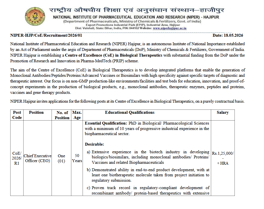 Advertisement of various post in CoE unit at NIPER Hajipur | Date extended 3 July