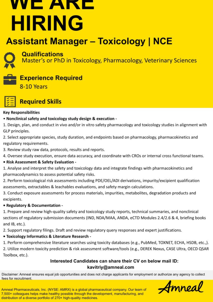 Hiring Assistant Manager - Toxicology | NCE