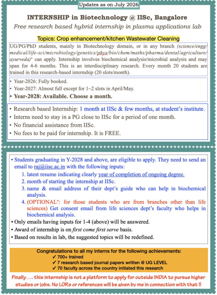 Internship for biotechnology students at plasma applications lab of IISc, Bangalore