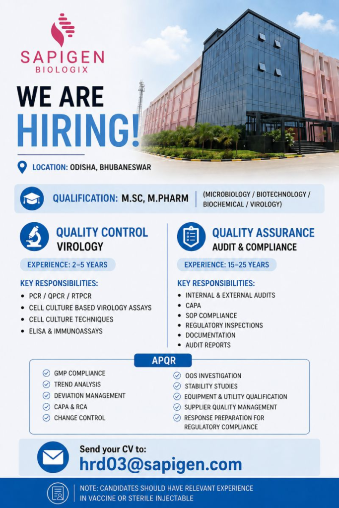 Sapigen Biologix hiring experienced professionals | Odhisa