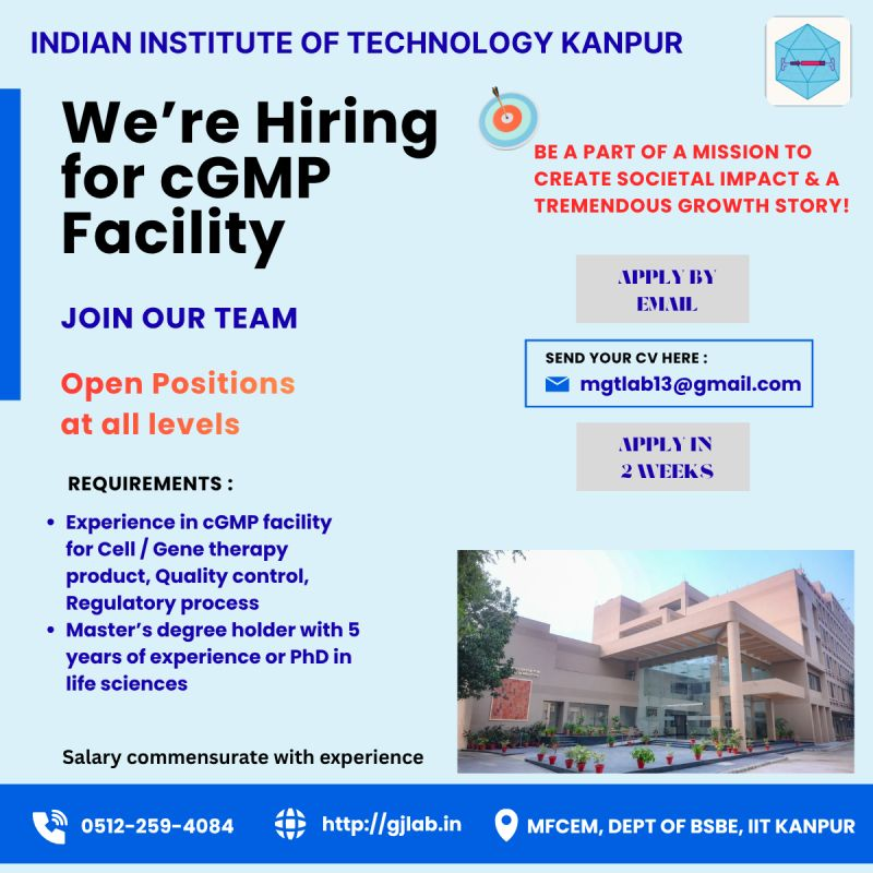 Hiring for cGMP vector Facility | IIT Kanpur