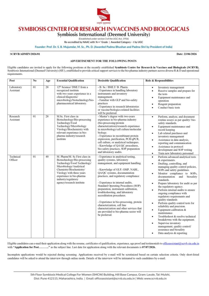 Symbiosis Centre for Research in Vaccines & Biologicals hiring