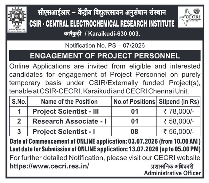 Hiring Project Scientist/Research Associate | CSIR CECRI