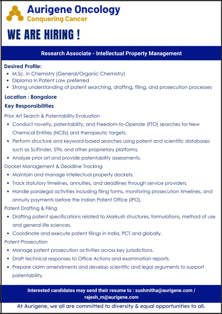 Research Associate - Intellectual Property Management (IPM) to join Aurigene Oncology Limited, Bangalor