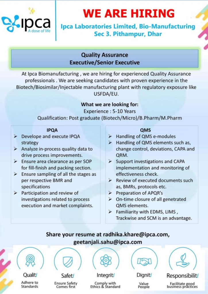 We are hiring for Bio-Manufacturing in Pithampur (Dhar)