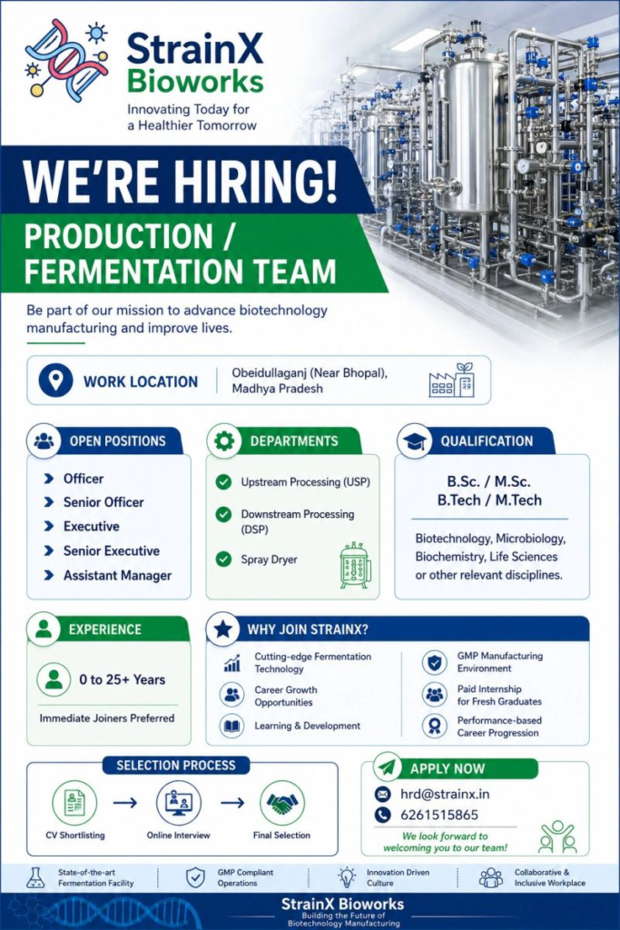 StrainX Bioworks hiring– Production / Fermentation Department