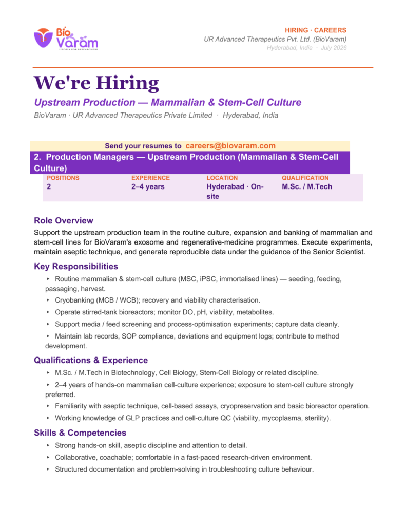 hiring at BioVaram — Upstream Production (Mammalian & Stem-Cell Culture)