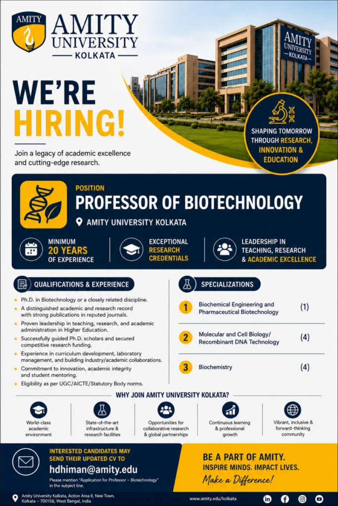 Amity University Kolkata Hiring | Professor – Biotechnology
