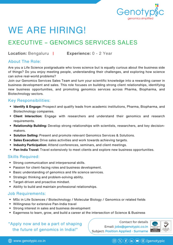 Hiring: Executive - Genomics Services Sales | Bengaluru | Freshers