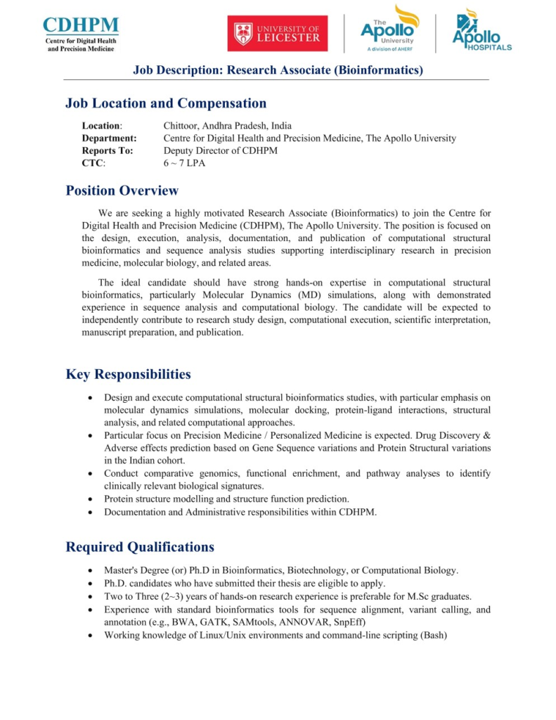  Hiring: Research Associate (Bioinformatics) | Chittoor, Andhra Pradesh 