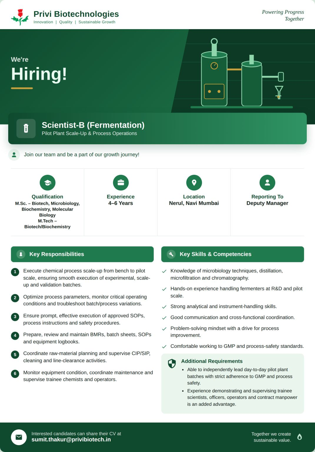 Scientist-B (Fermentation) - Biotech Jobs